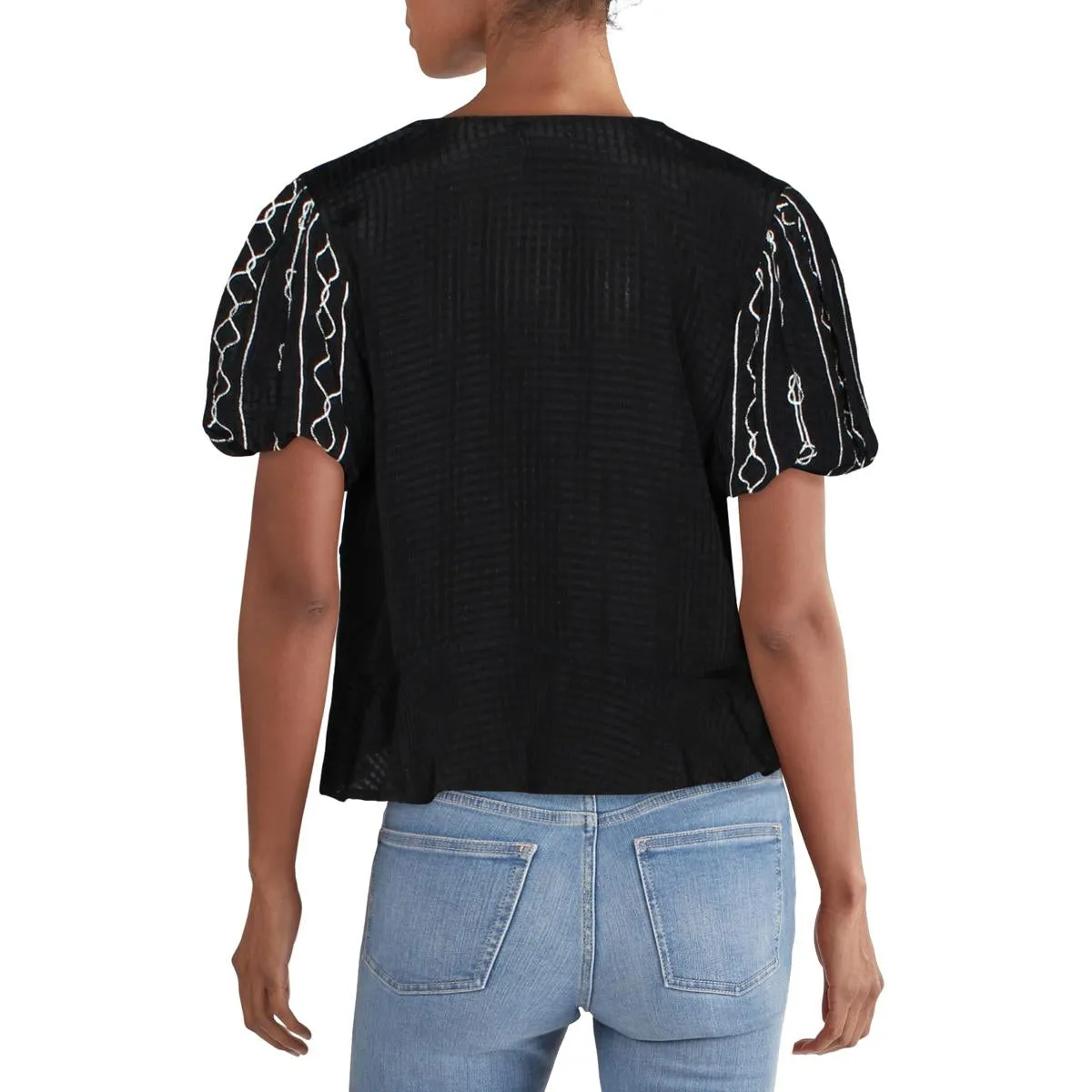 Marina Date Womens Embroidered V-Neck Blouse