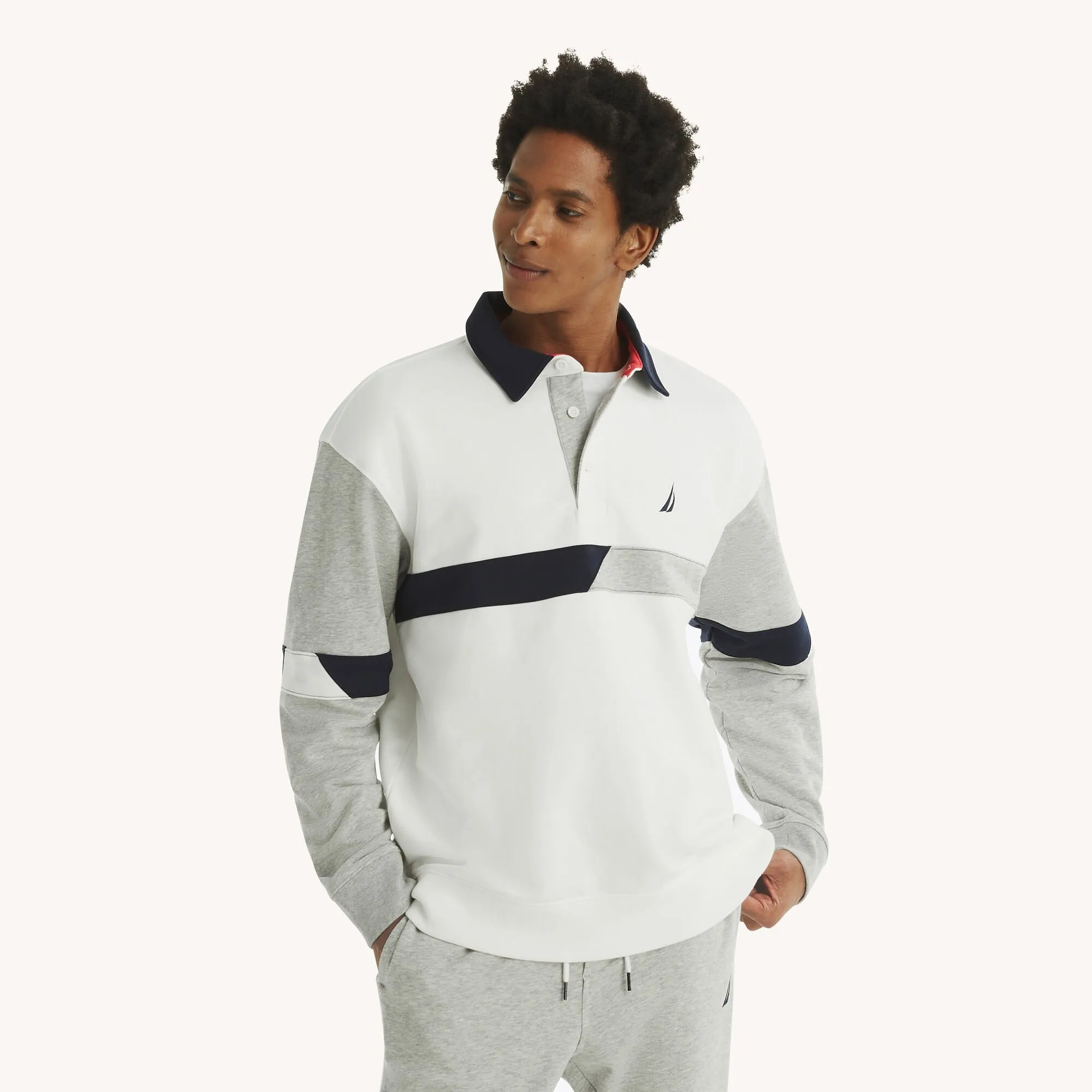 Nautica Mens Relaxed Fit Long-Sleeve Colorblock Polo
