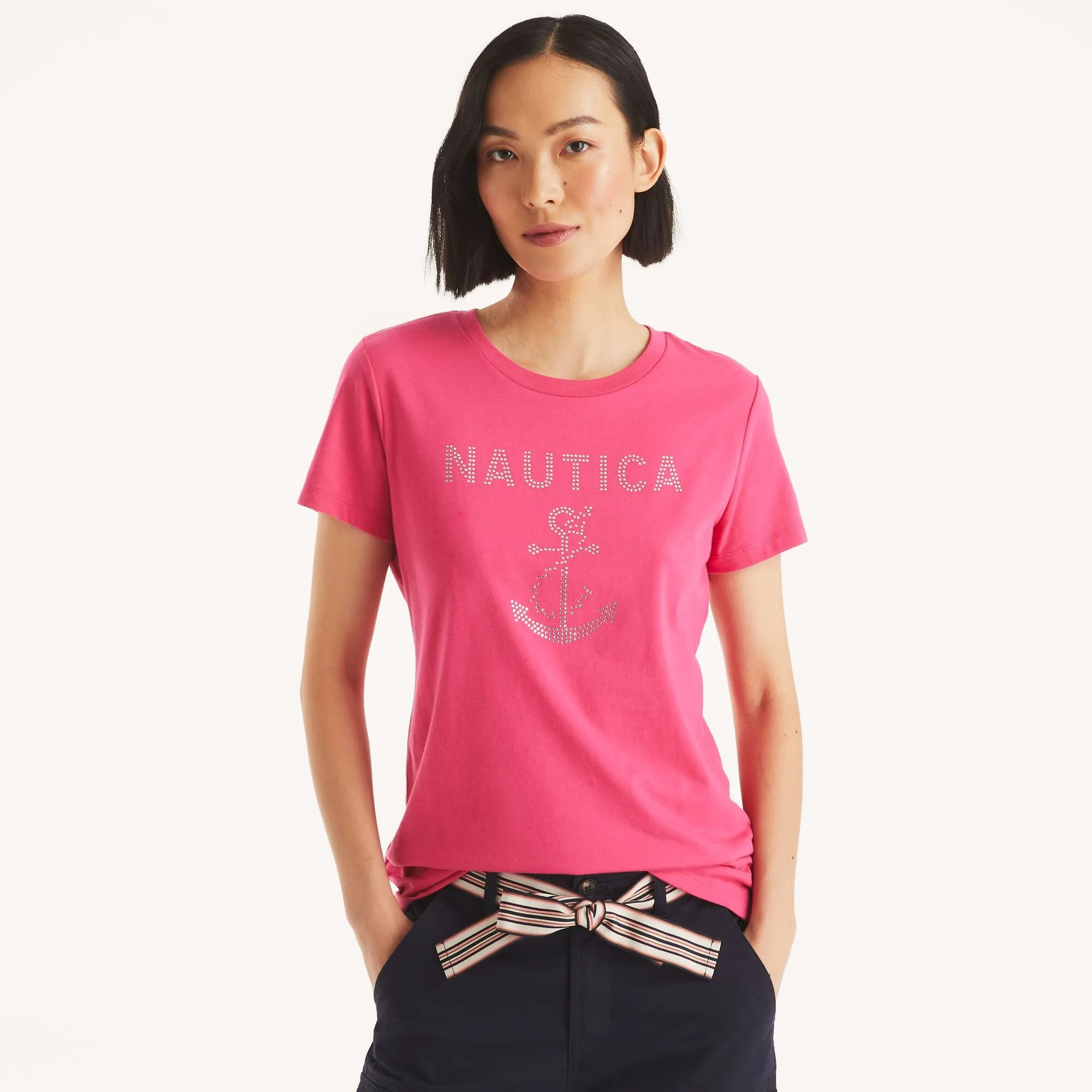 Nautica Womens Rhinestone Anchor Graphic T-Shirt