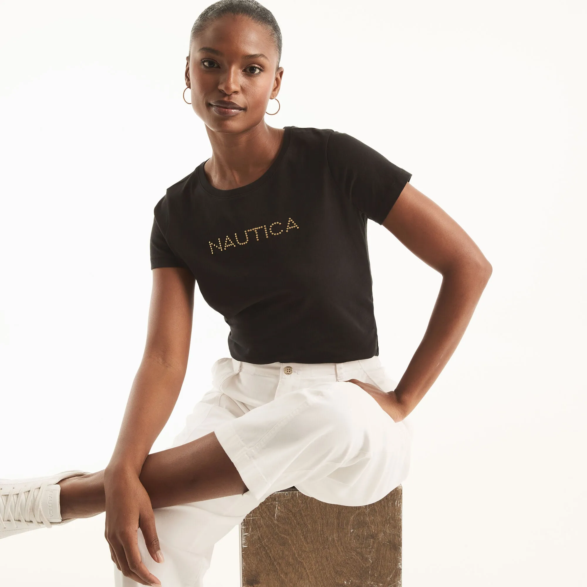 Nautica Womens Studded Logo Crewneck T-Shirt