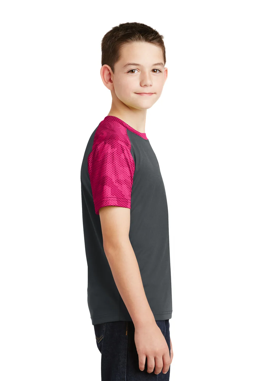 Sport-Tek Youth CamoHex Moisture Wicking Short Sleeve Crewneck T-Shirt - Iron Grey/Raspberry Pink - Closeout