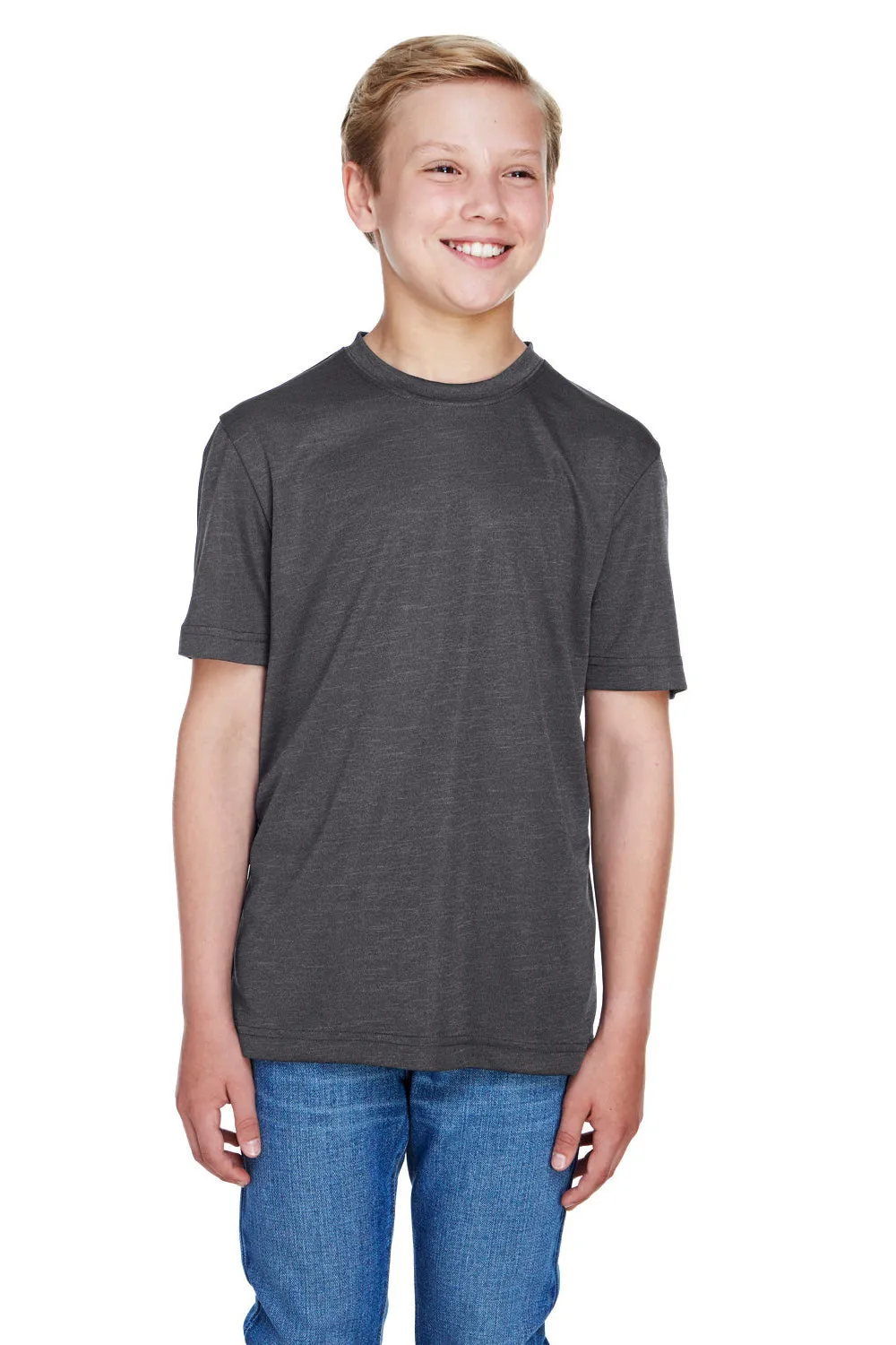 Team 365 Youth Sonic Performance Heather Moisture Wicking Short Sleeve Crewneck T-Shirt - Heather Dark Grey
